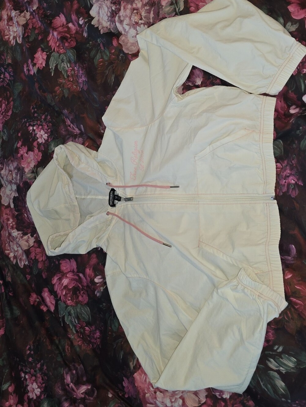 True Religion Cream Hooded Track Jacket with Pink Accents